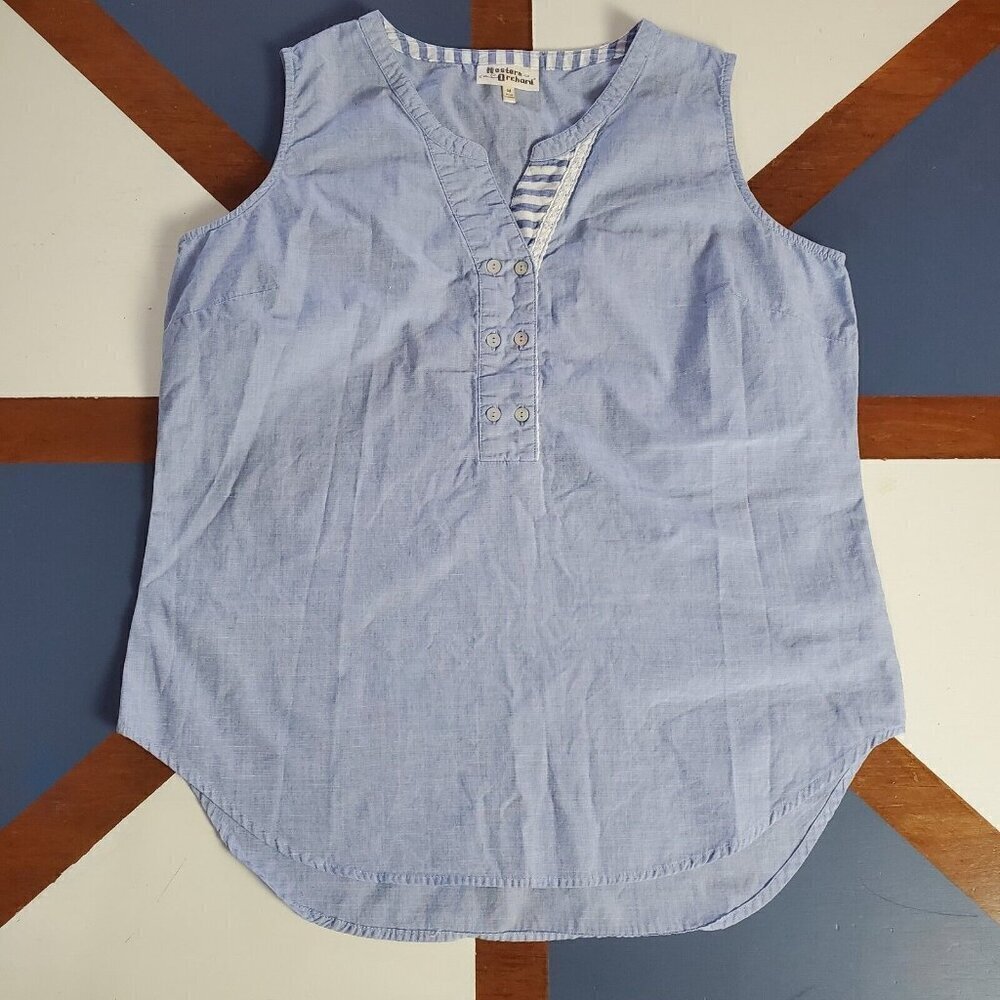 Hester & Orchard Sleeveless Blouse Womens Medium Blue Tank Cotton Poplin Coastal